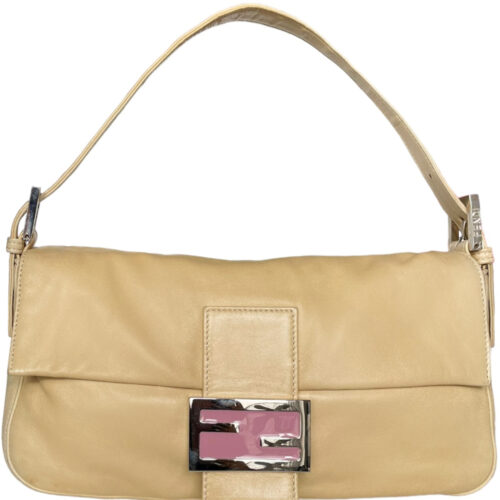 Vintage Fendi Leather Shoulder Baguette Bag in Beige / Pink / Silver | NITRYL