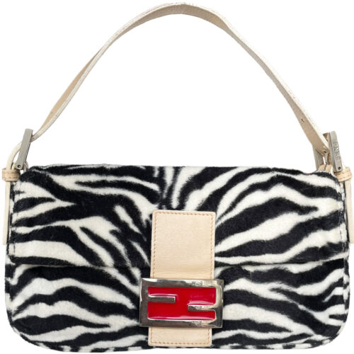 Vintage Fendi Fuzzy Zebra Print Shoulder Baguette Bag in Black / White / Red | NITRYL