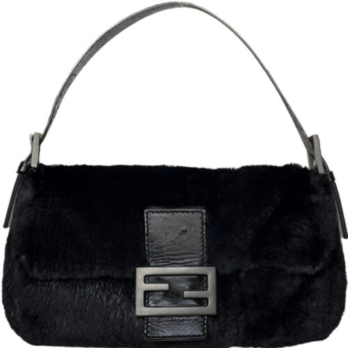 Vintage Fendi Rabbit Fur Shoulder Baguette Bag in Black | NITRYL
