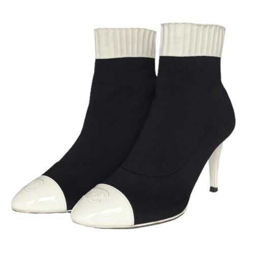 Vintage Chanel Logo Knit Sock Boots in Black / White UK 4 | NITRYL
