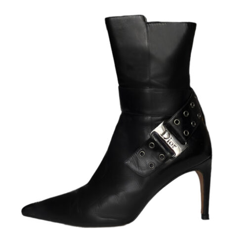 Vintage Dior Logo Buckle Heeled Boots in Black / Silver UK 3.5 | NITRYL