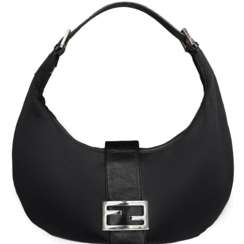 Vintage Fendi Silk Half Moon Hobo Shoulder Bag in Black / Silver | NITRYL
