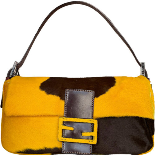 Vintage Fendi Cow Print Calfskin Shoulder Baguette Bag in Yellow / Brown | NITRYL