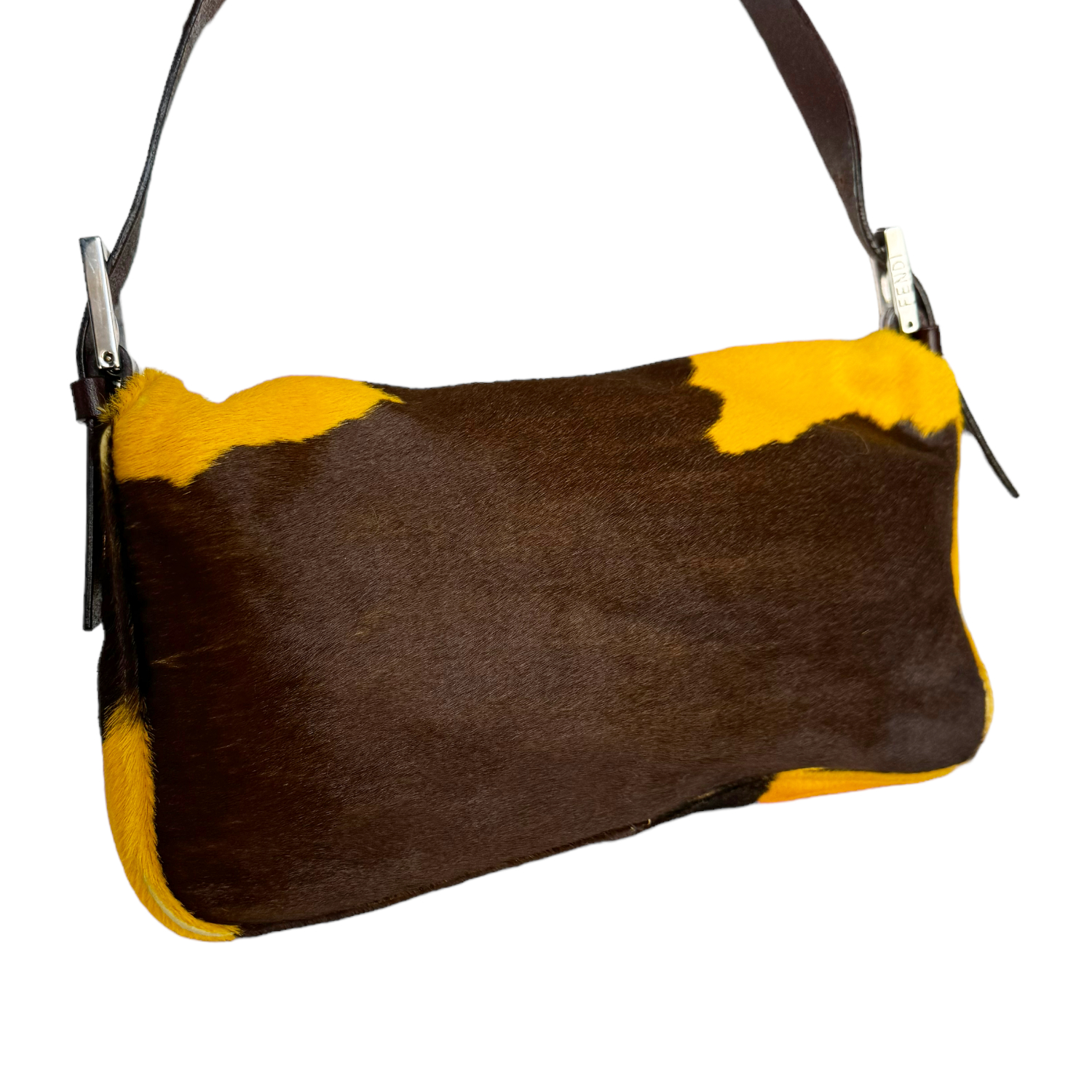 Fendi Cow Print Calfskin Shoulder Baguette Bag in Yellow Brown