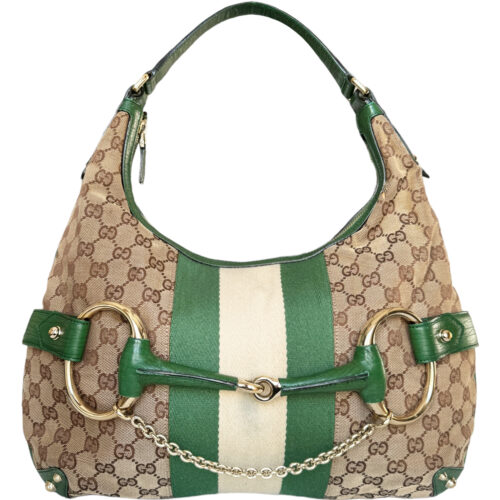Vintage Gucci Monogram Horsebit Shoulder Bag in Beige / Green / Gold | NITRYL