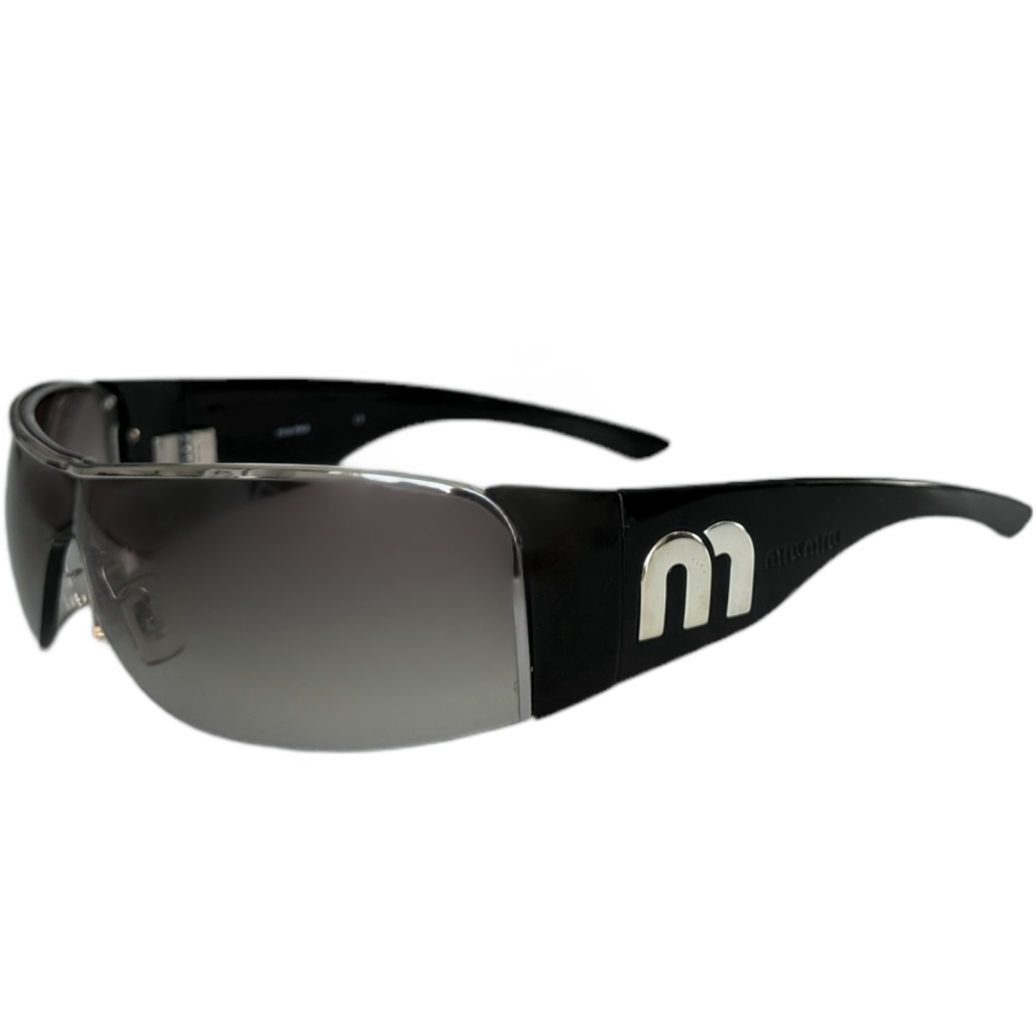 Vintage Miu Miu Logo Wraparound Sunglasses in Black / Silver | NITRYL