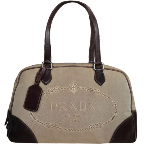 Vintage Prada Logo Canvas Shoulder Bag in Beige / Brown | NITRYL