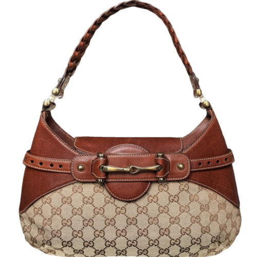 Vintage Gucci Monogram Horsebit Shoulder Bag in Beige / Brown Tan | NITRYL