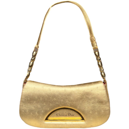 Vintage Dior Ostrich Leather Mini Malice Shoulder Bag in Gold | NITRYL