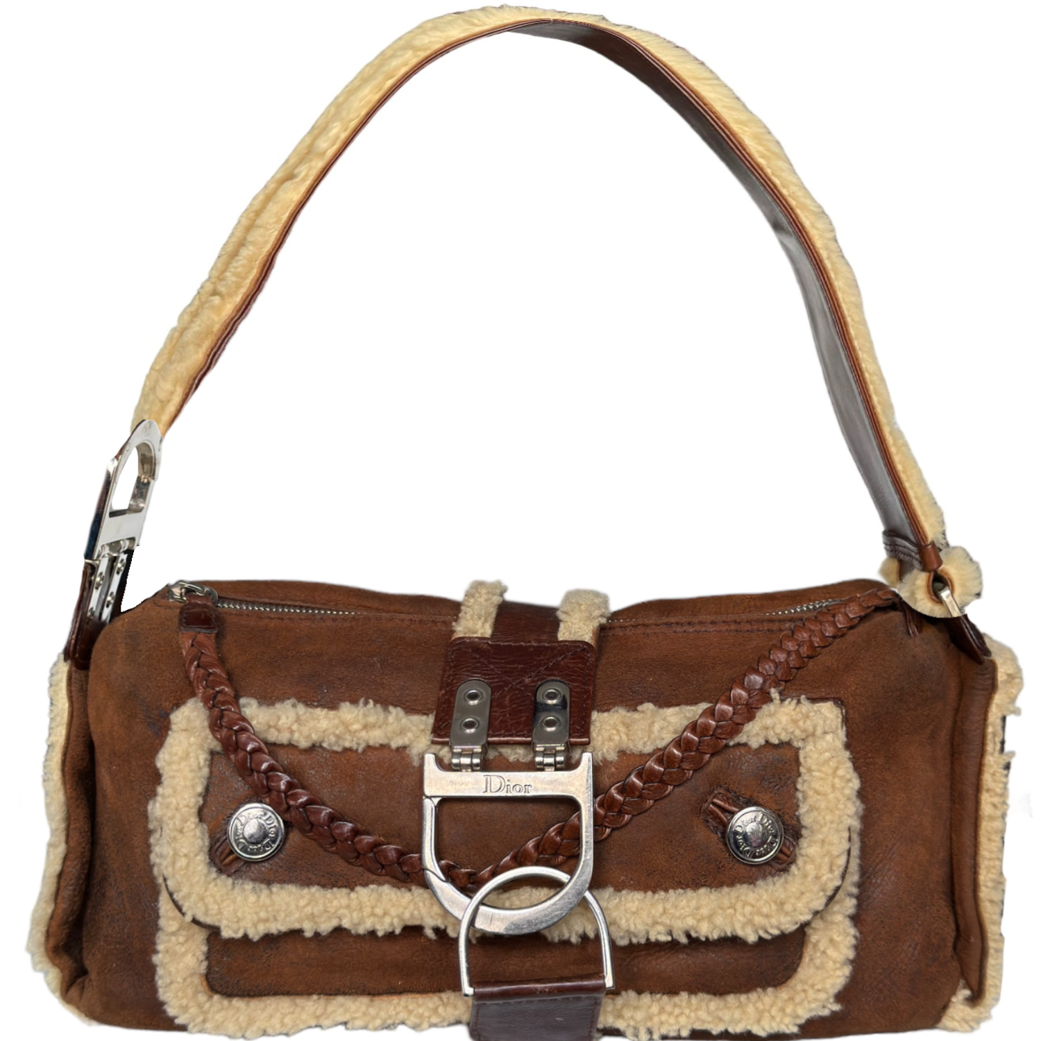 Vintage Dior Shearling Flight Shoulder Bag in Brown / Cream | NITRYL