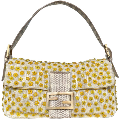 Vintage Fendi Beaded Embroidered Flower Shoulder Baguette Bag in White / Gold / Yellow with Exotic Leather Detailing | NITRYL