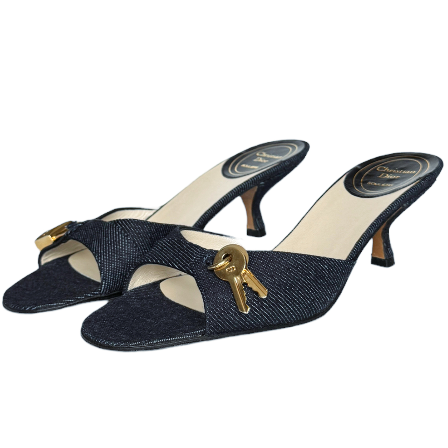 Vintage Dior Denim Logo Lock Heels in Blue / Gold UK 3 | NITRYL