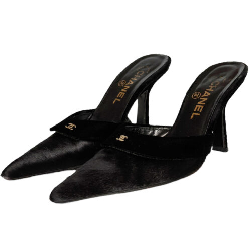 Vintage Chanel Velvet Calfskin Logo Mule Heels in Black / Gold UK 3 | NITRYL