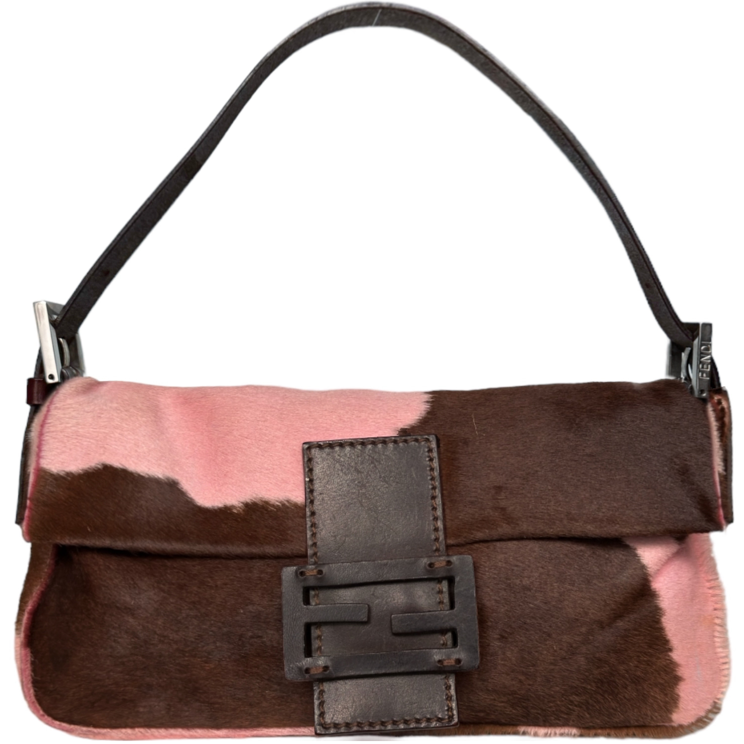 Fendi Cow Print Calfskin Shoulder Baguette Bag in Pink Brown