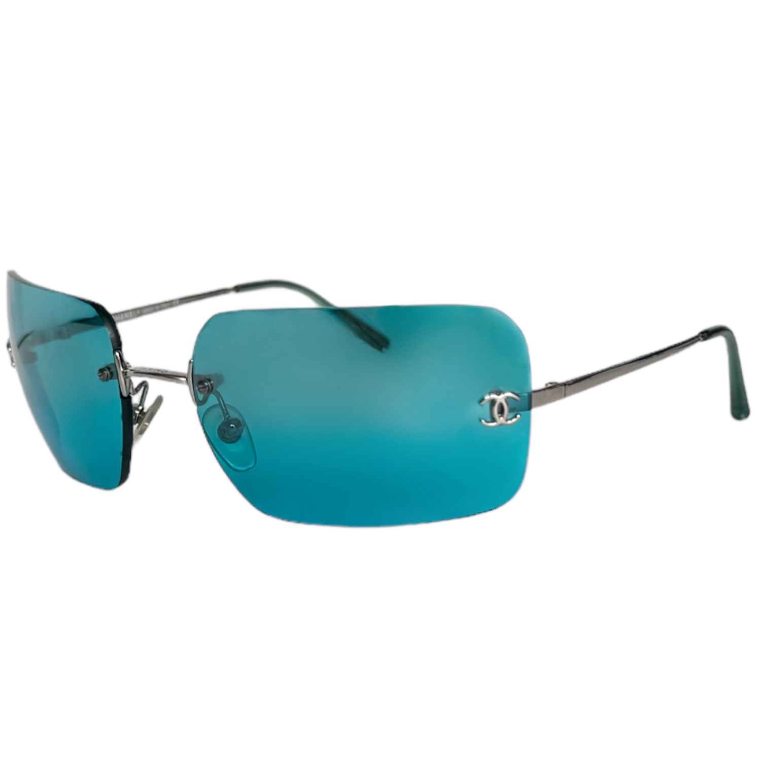 Vintage Vintage Chanel Rimless Logo Sunglasses in Aqua Blue / Green | NITRYL