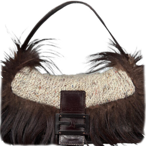 Vintage Fendi Knitted Hair Trim Fringe Shoulder Baguette Bag in Beige / Brown | NITRYL
