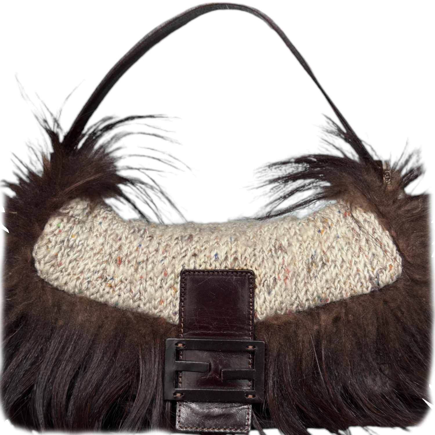 Fendi Knitted Fur Trim Fringe Shoulder Baguette Bag in Beige Brown