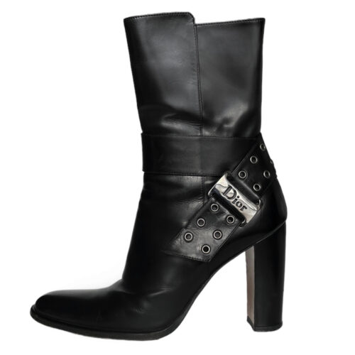 Vintage Dior Buckle Logo Heeled Boots in Black / Silver UK 3 | NITRYL