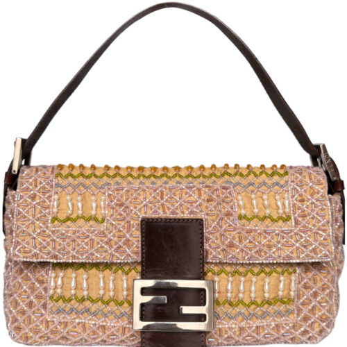 Vintage Fendi Beaded Ornate Shoulder Baguette Bag in Pink / Gold | NITRYL