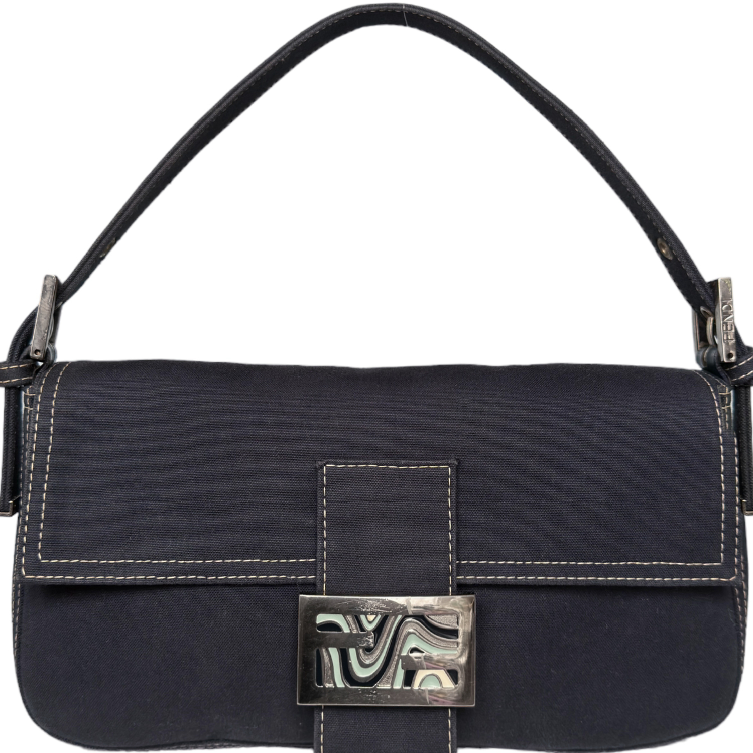 Vintage Fendi Denim Swirl Shoulder Baguette Bag in Navy Blue / Silver | NITRYL