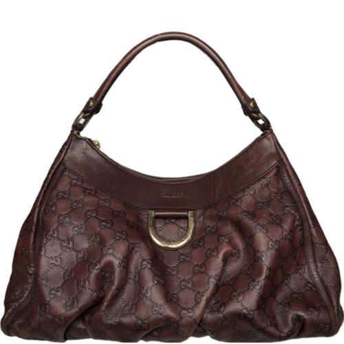 Vintage Gucci Monogram Leather Hobo Shoulder Bag in Dark Brown / Gold | NITRYL