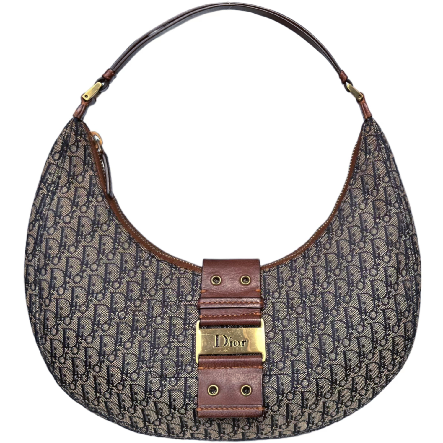 Dior Monogram Street Chic Half Moon Mini Shoulder Bag in Navy Blue Brown Gold