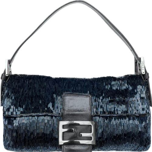 Vintage Fendi Beaded Shoulder Baguette Bag in Metallic Blue / Grey | NITRYL