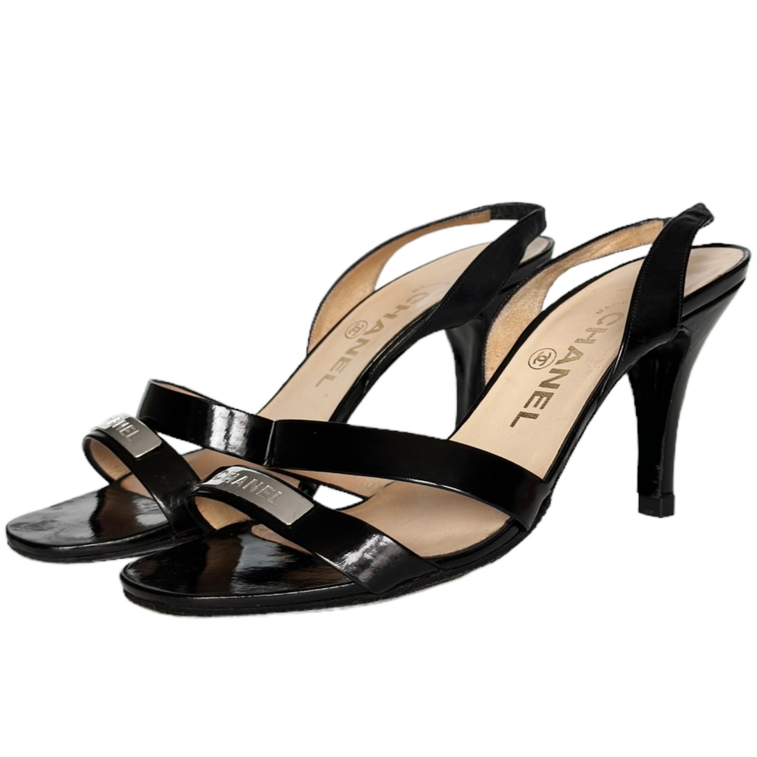 Chanel Logo Spellout Strappy Heels in Black Silver UK 3.5