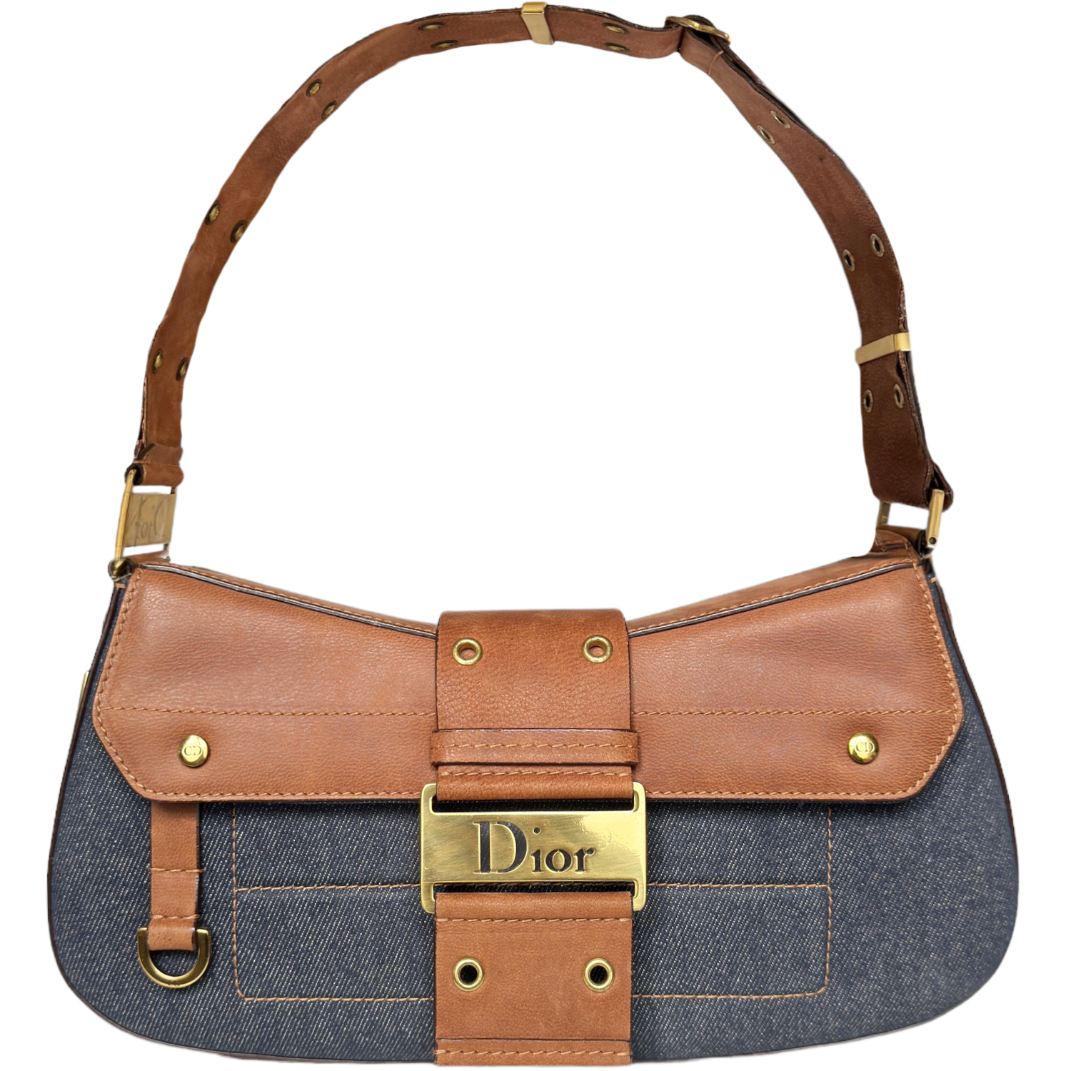 Vintage Dior Denim Street Chic Columbus Shoulder Bag in Blue / Brown / Gold | NITRYL