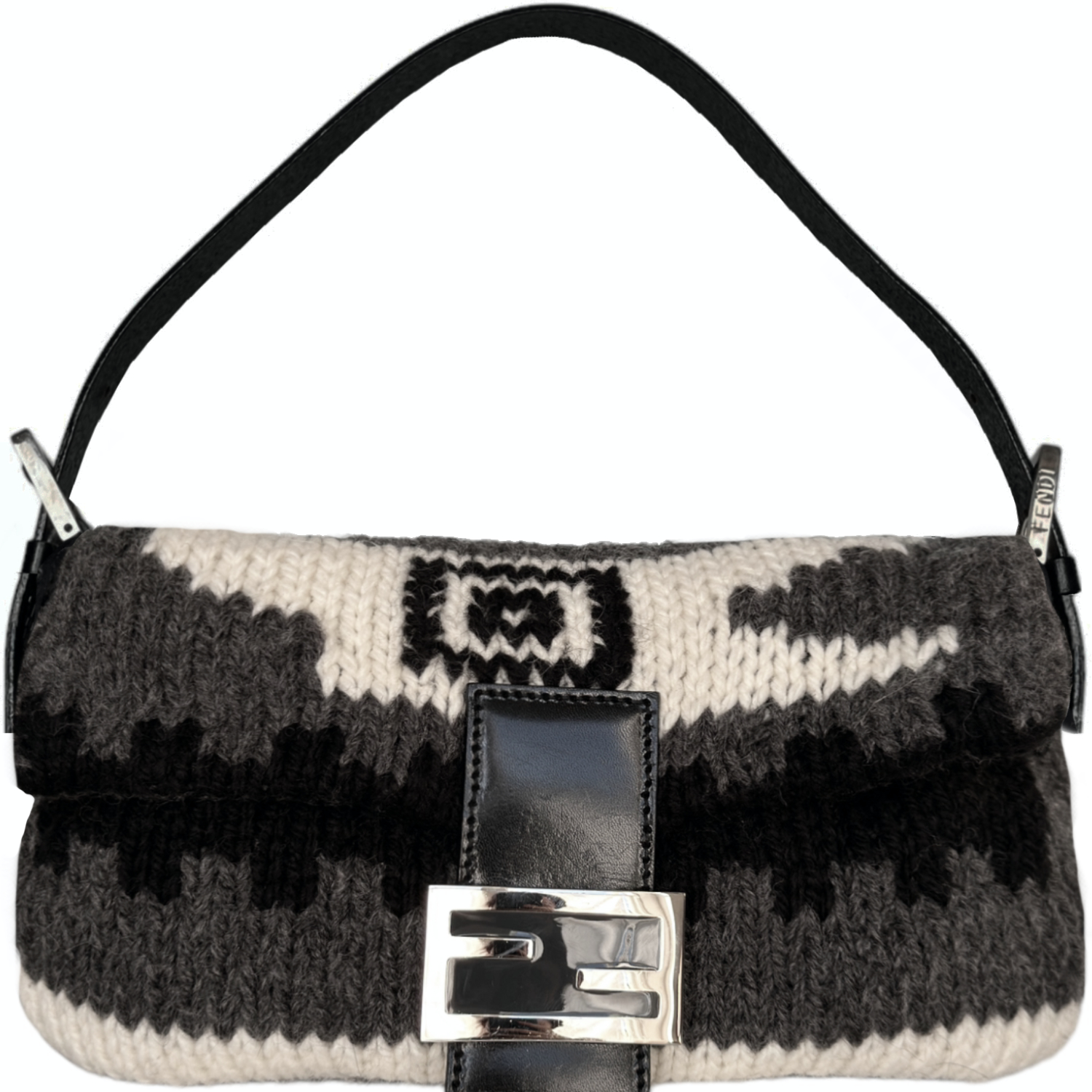 Vintage Fendi Fairisle Knitted Shoulder Baguette Bag in Grey / Black / White | NITRYL