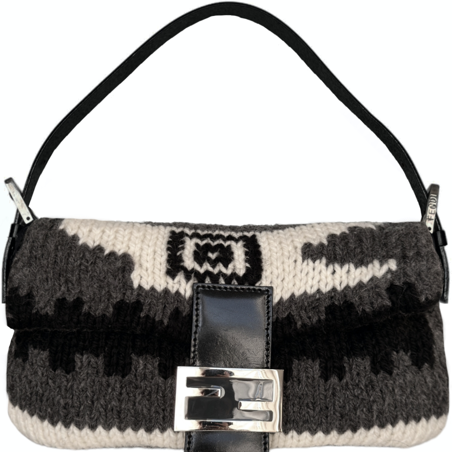 Fendi Fairisle Knitted Shoulder Baguette Bag in Grey Black White