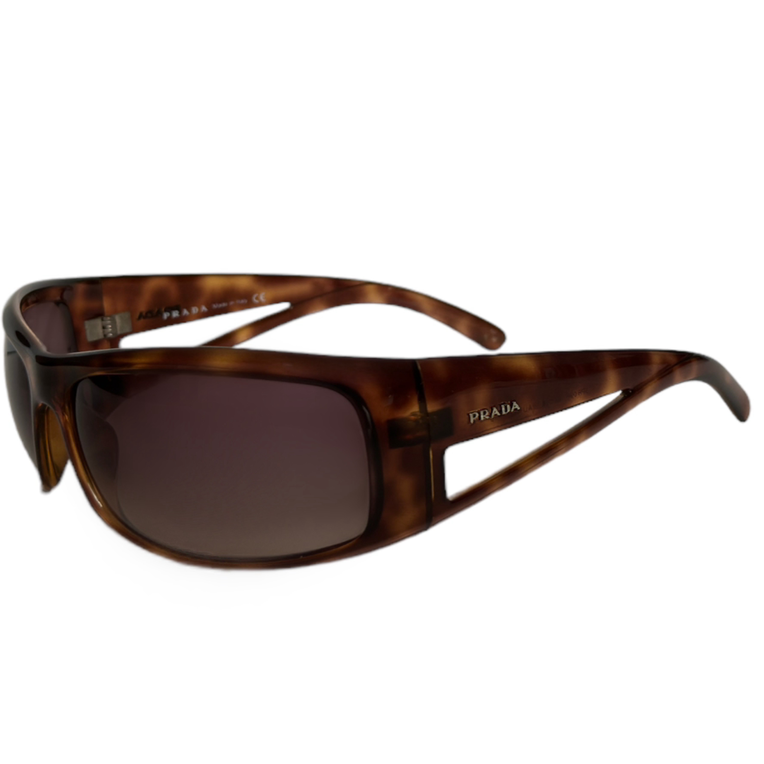 Vintage Prada Logo Cutout Wraparound Sunglasses in Tortoiseshell Brown | NITRYL