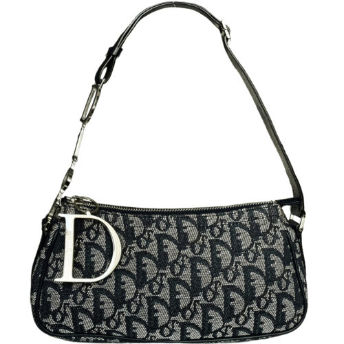 Vintage Dior Monogram Shoulder Bag in Black with Silver Spellout Strap | NITRYL