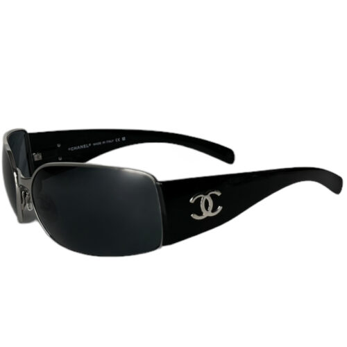 Vintage Chanel Logo Wrapround Sunglasses in Black / Silver | NITRYL