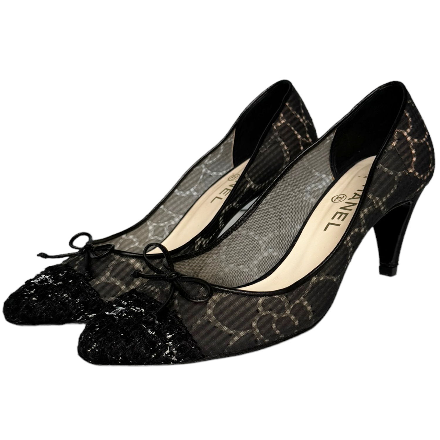 Vintage Chanel Bow Logo Lace Tweed Heels in Black UK 6 | NITRYL