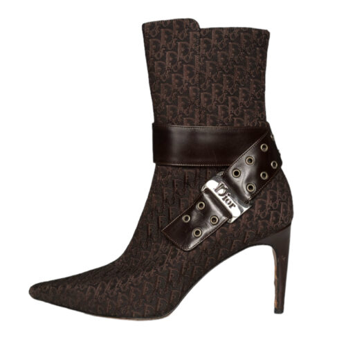Vintage Dior Monogram Buckle Heeled Boots in Brown / Silver | NITRYL