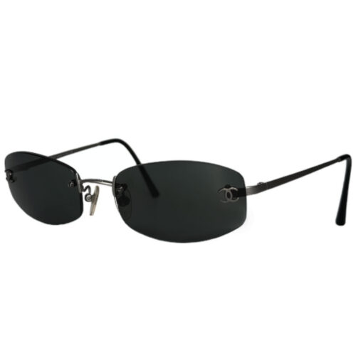 Vintage Chanel Logo Rimless Oval Sunglasses in Black / Silver | NITRYL