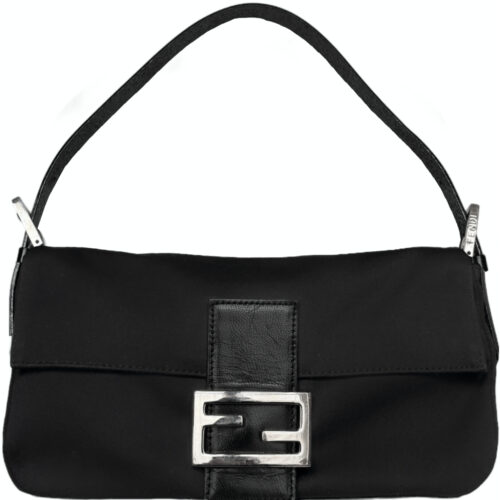 Vintage Fendi Silk Classic Shoulder Baguette Bag in Black / Silver | NITRYL