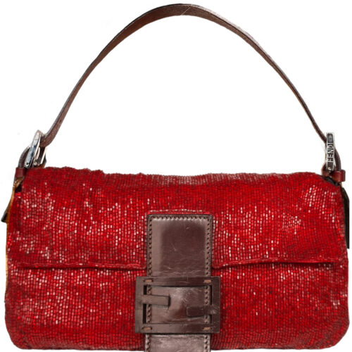 Vintage Fendi Beaded Shoulder Baguette Bag in Red / Brown | NITRYL
