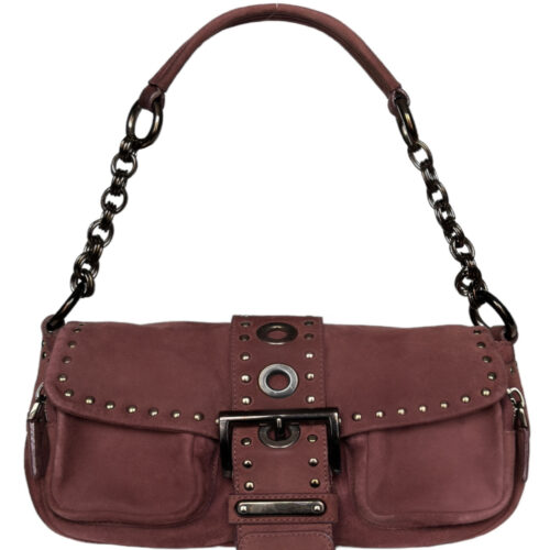 Vintage Prada Buckle Suede Shoulder Bag in Aubergine Purple / Maroon | NITRYL