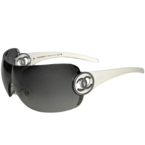 Vintage Chanel Logo Rimless Wraparound Sunglasses in White / Silver | NITRYL