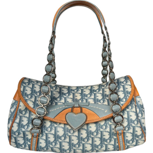Vintage Dior Monogram Heart Romantic Shoulder Bag in Blue / Tan / Silver | NITRYL