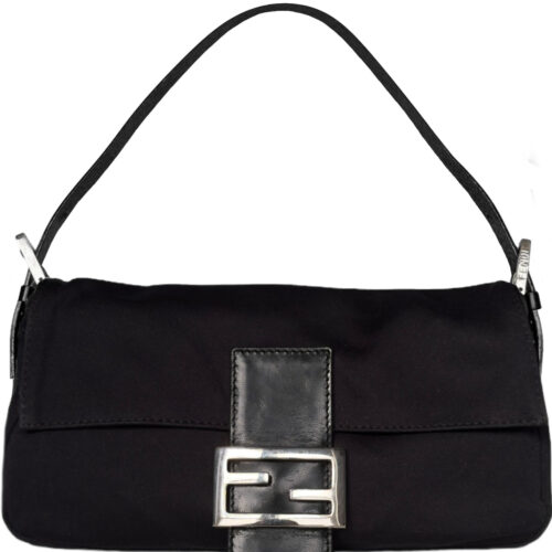 Vintage Fendi Silk Cloth Classic Shoulder Baguette Bag in Black / Silver | NITRYL