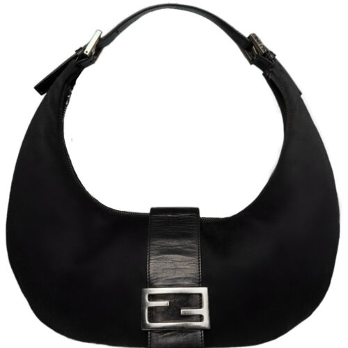 Vintage Fendi Silk Half Moon Croissant Shoulder Bag in Black / Silver | NITRYL