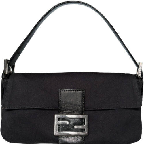 Vintage Fendi Classic Silk Shoulder Baguette Bag in Black / Silver | NITRYL