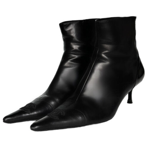 Vintage Chanel Mesh Logo Heeled Boots in Black UK 8 | NITRYL