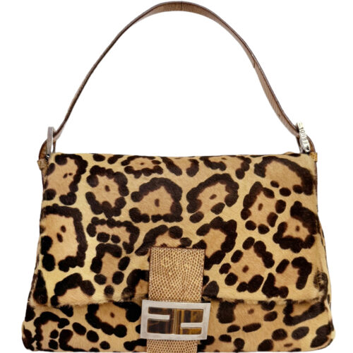 Vintage Fendi Leopard Print Calfskin Mamma Shoulder Baguette Bag with Exotic Leather Detailing | NITRYL