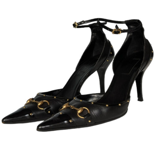 Vintage Gucci Horsebit Studded Heels in Black / Gold UK 5 | NITRYL