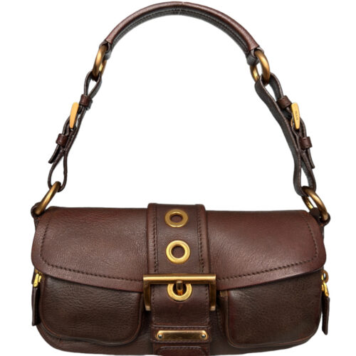 Vintage Prada Buckle Leather Shoulder Bag in Brown / Gold | NITRYL