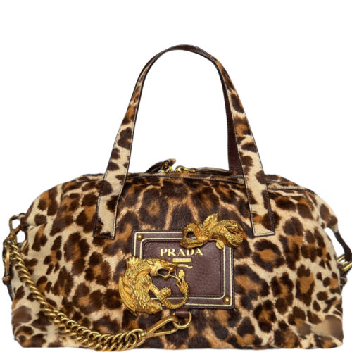 Vintage Prada Leopard Calfskin Dragon Shoulder Bag in Brown / Gold | NITRYL